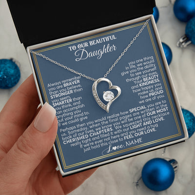 Forever Love Necklace 14K White Gold Finish | 2 | Personalized To Our Beautiful Daughter Necklace From Mom Dad Always Remember Daughter Birthday Graduation Christmas Customized Gift Box Message Card | https://teecentury.
