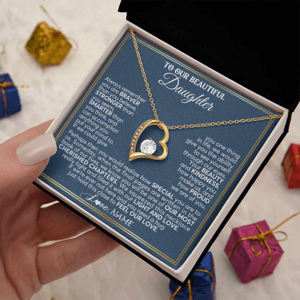 Forever Love Necklace 18K Yellow Gold Finish | 2 | Personalized To Our Beautiful Daughter Necklace From Mom Dad Always Remember Daughter Birthday Graduation Christmas Customized Gift Box Message Card | teecentury