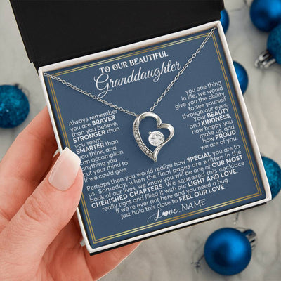 Forever Love Necklace 14K White Gold Finish | 2 | Personalized To Our Beautiful Granddaughter Necklace From Grandma Grandpa Always Remember Granddaughter Birthday Christmas Customized Gift Box Message Card | teecentury