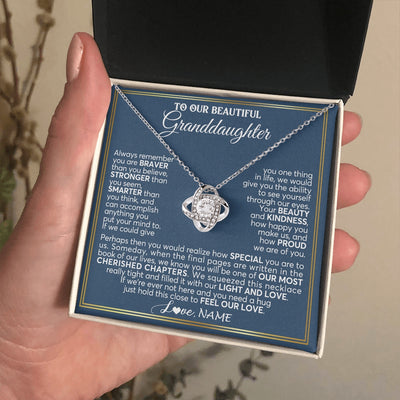 Love Knot Necklace 14K White Gold Finish | 2 | Personalized To Our Beautiful Granddaughter Necklace From Grandma Grandpa Always Remember Granddaughter Birthday Christmas Customized Gift Box Message Card | https://teecentury.