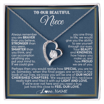 Forever Love Necklace 14K White Gold Finish | 1 | Personalized To Our Beautiful Niece Necklace From Aunt Uncle Always Remember Stepdaughter Birthday Graduation Christmas Customized Gift Box Message Card | teecentury