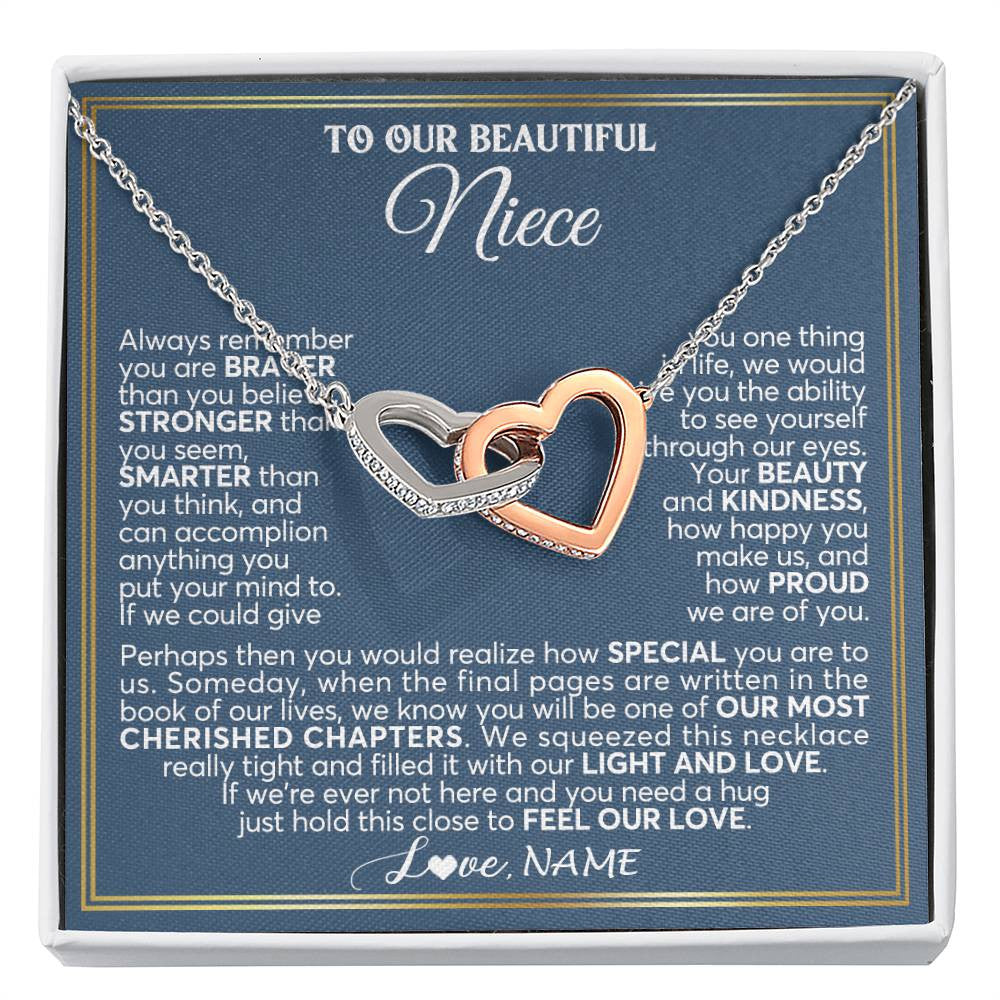 Interlocking Hearts Necklace Stainless Steel & Rose Gold Finish | 1 | Personalized To Our Beautiful Niece Necklace From Aunt Uncle Always Remember Stepdaughter Birthday Graduation Christmas Customized Gift Box Message Card | teecentury