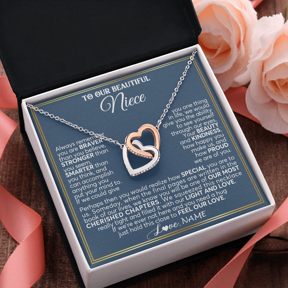 Interlocking Hearts Necklace Stainless Steel & Rose Gold Finish | 2 | Personalized To Our Beautiful Niece Necklace From Aunt Uncle Always Remember Stepdaughter Birthday Graduation Christmas Customized Gift Box Message Card | https://teecentury.