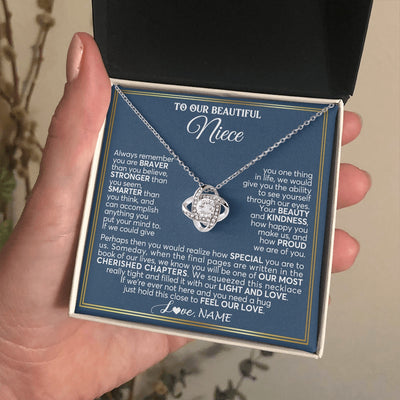 Love Knot Necklace 14K White Gold Finish | 2 | Personalized To Our Beautiful Niece Necklace From Aunt Uncle Always Remember Stepdaughter Birthday Graduation Christmas Customized Gift Box Message Card | https://teecentury.