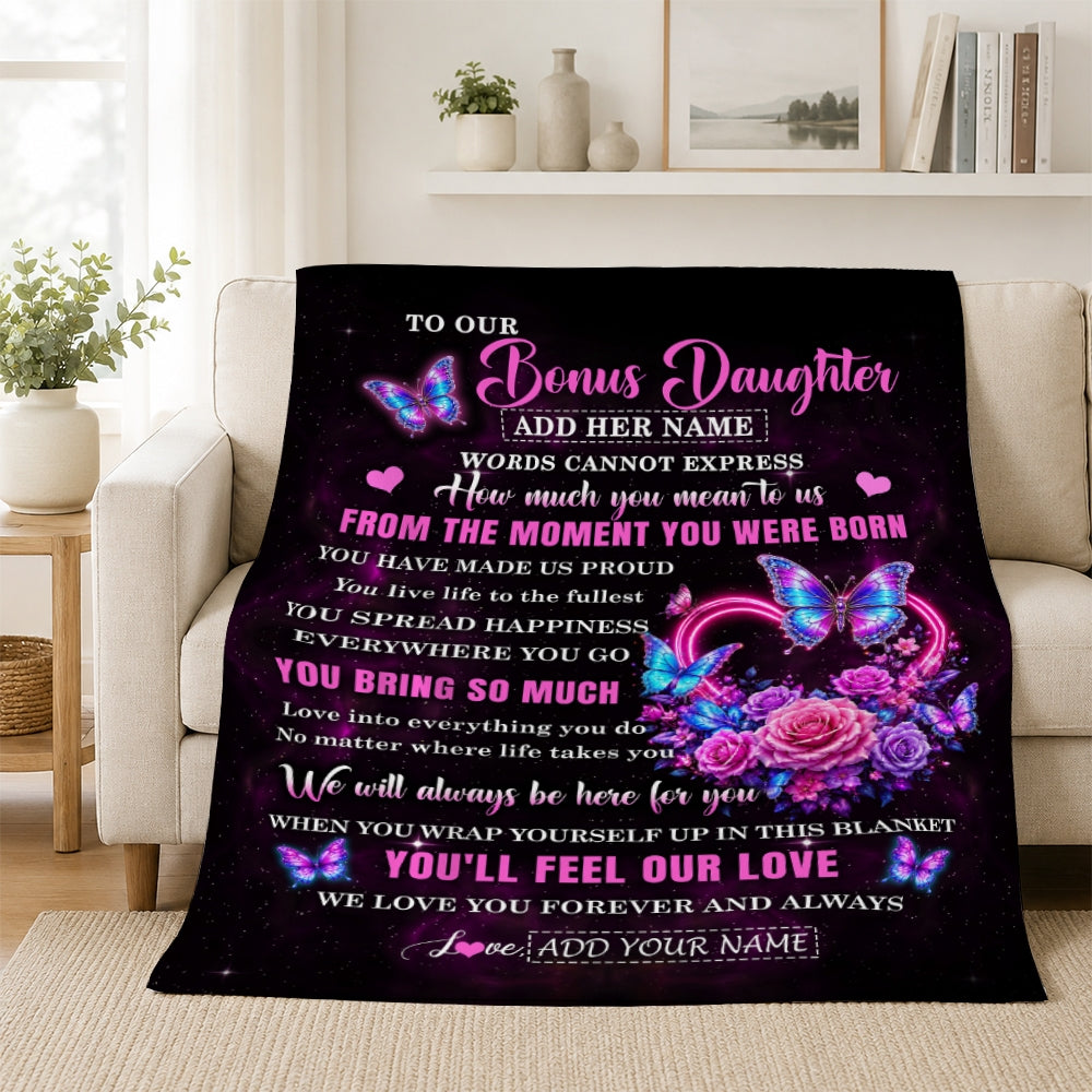 Personalized To Our Bonus Daughter Blanket Sentimental Gift From Stepmother Words Of Love For Stepdaughter Birthday Christmas Gifts Fleece Throw Blanket Shirt & Hoodie | teecentury