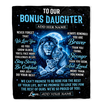 Personalized To Our Bonus Daughter Gift Blanket From Stepmother Stepdad Lion Love Letter Graduation Gift Stepdaughter Birthday Gifts Christmas Fleece Blanket | teecentury