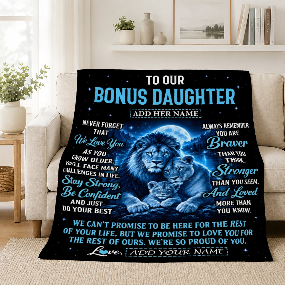 Personalized To Our Bonus Daughter Gift Blanket From Stepmother Stepdad Lion Love Letter Graduation Gift Stepdaughter Birthday Gifts Christmas Fleece Blanket | teecentury