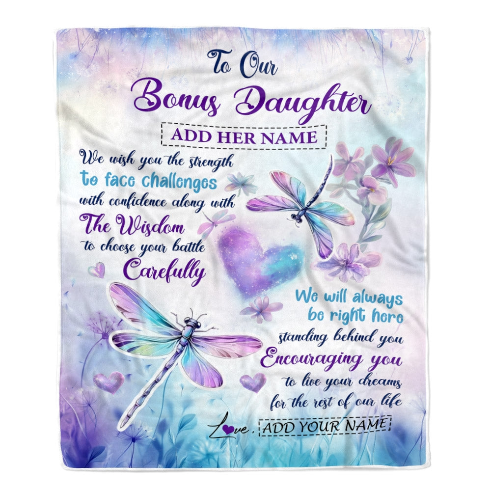 Personalized To Our Bonus Daughter Gifts Blanket From Stepmom Stepdad Always Be Right Here Dragonfly Birthday Gifts For Stepdaughter Christmas Fleece Blanket | teecentury