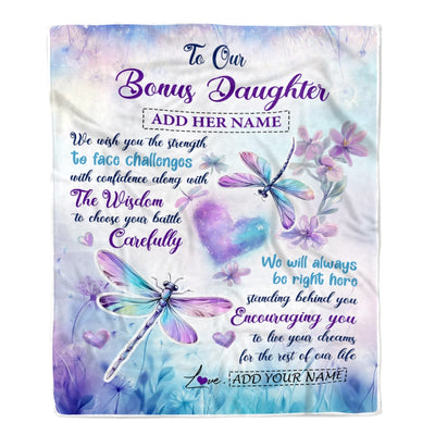 Personalized To Our Bonus Daughter Gifts Blanket From Stepmom Stepdad Always Be Right Here Dragonfly Birthday Gifts For Stepdaughter Christmas Fleece Blanket | teecentury