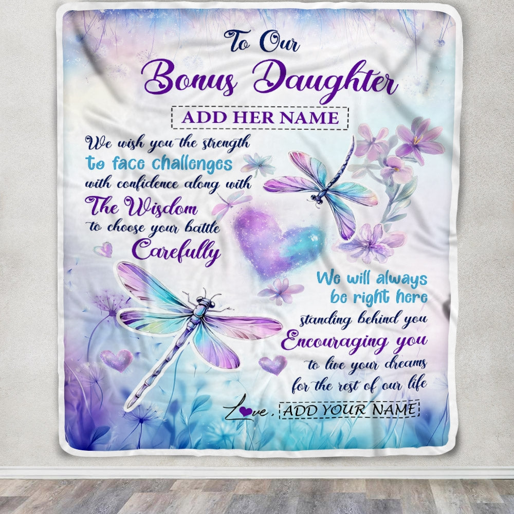 Personalized To Our Bonus Daughter Gifts Blanket From Stepmom Stepdad Always Be Right Here Dragonfly Birthday Gifts For Stepdaughter Christmas Fleece Blanket | teecentury