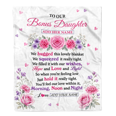 Personalized To Our Bonus Daughter Gifts Blanket From Stepmom Stepdad Floral Purple Pink Lovely Message Birthday Gift For Stepdaughter Christmas Fleece Blanket | teecentury