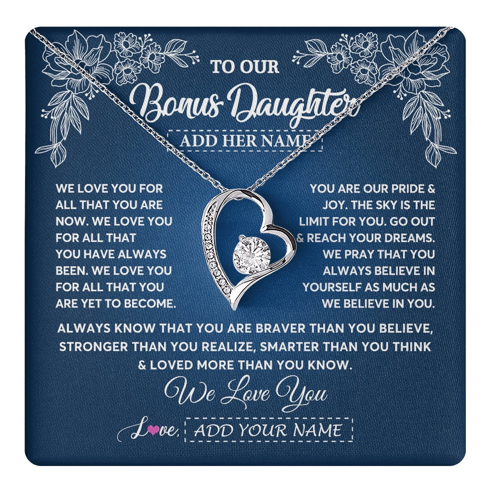 Forever Love Necklace 14K White Gold Finish | 1 | Personalized To Our Bonus Daughter Gifts From Stepmom Necklace We Love You Jewelry Present Gift Stepdaughter Birthday Christmas Custom Gift Box Message Card | https://teecentury.