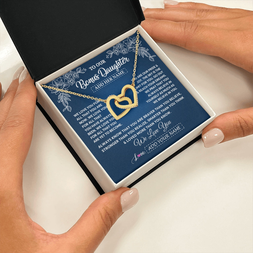 Interlocking Hearts Necklace 18K Yellow Gold Finish | 2 | Personalized To Our Bonus Daughter Gifts From Stepmom Necklace We Love You Jewelry Present Gift Stepdaughter Birthday Christmas Custom Gift Box Message Card | https://teecentury.