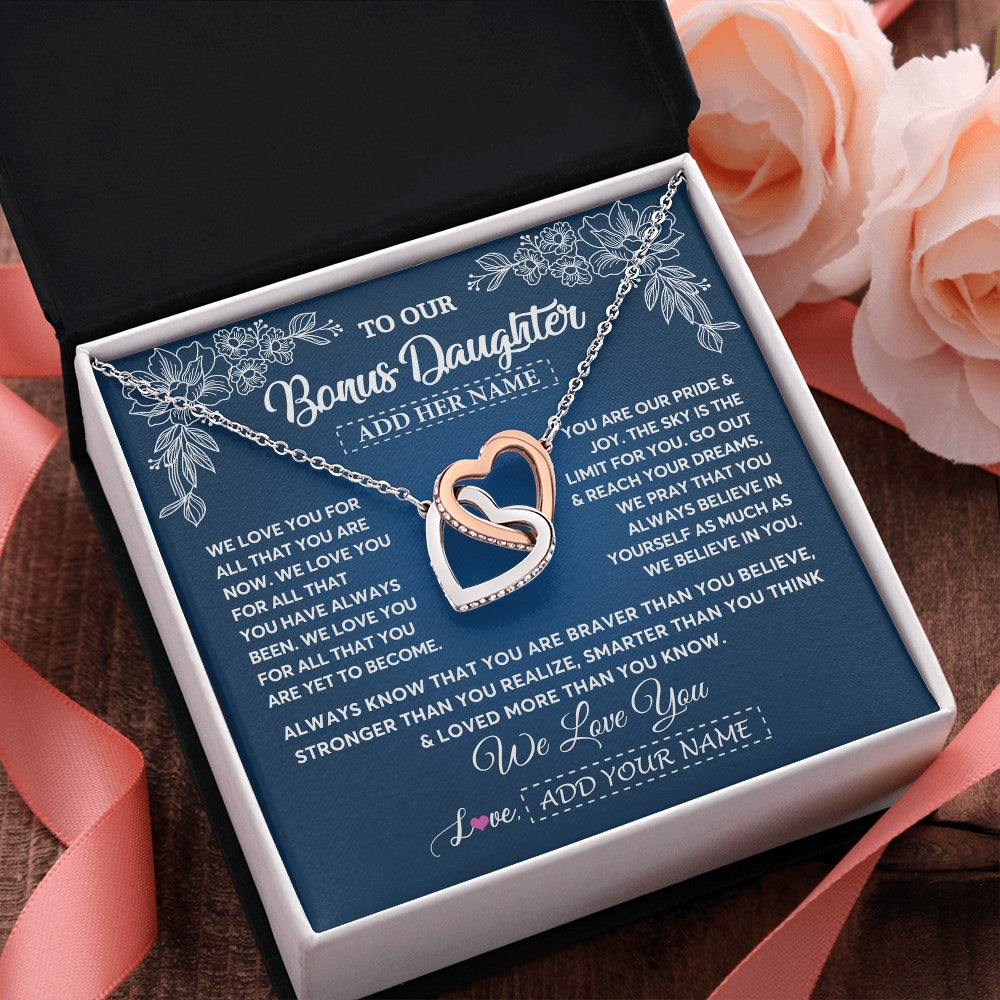 Interlocking Hearts Necklace Stainless Steel & Rose Gold Finish | 2 | Personalized To Our Bonus Daughter Gifts From Stepmom Necklace We Love You Jewelry Present Gift Stepdaughter Birthday Christmas Custom Gift Box Message Card | https://teecentury.