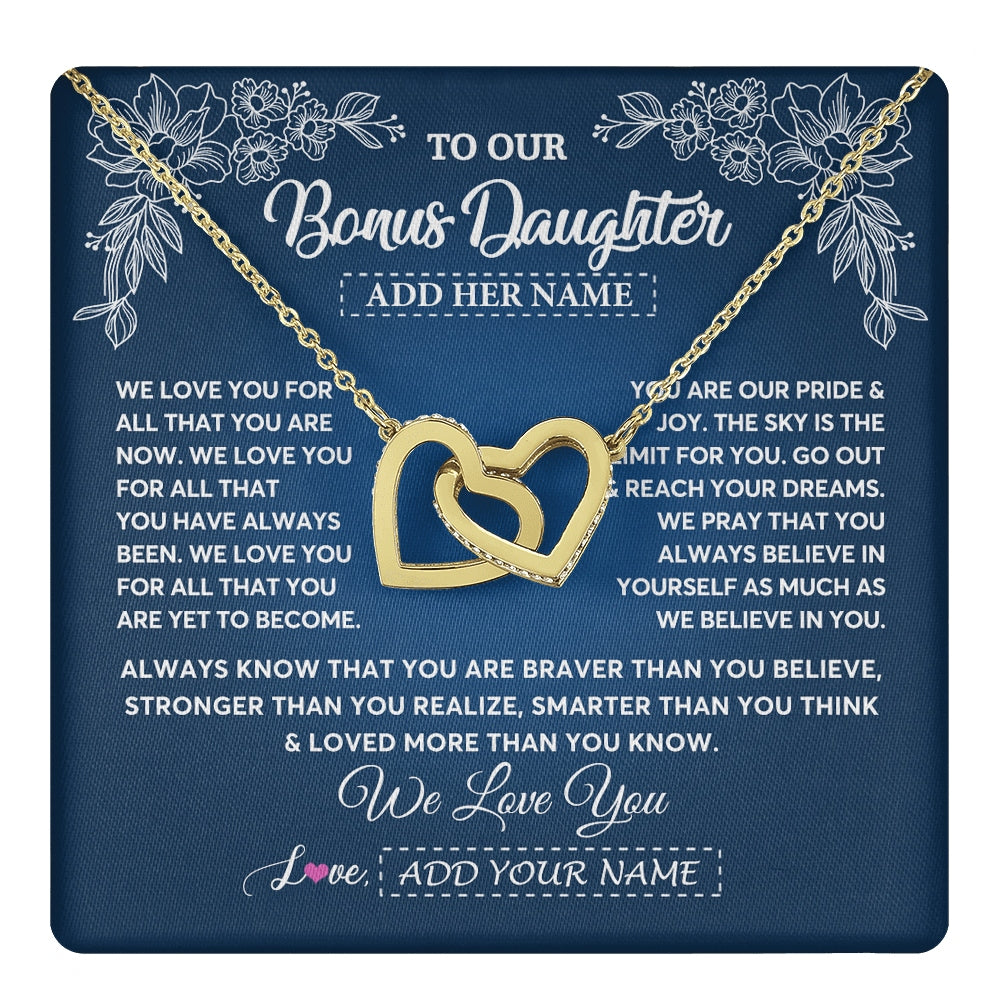 Interlocking Hearts Necklace 18K Yellow Gold Finish | 1 | Personalized To Our Bonus Daughter Gifts From Stepmom Necklace We Love You Jewelry Present Gift Stepdaughter Birthday Christmas Custom Gift Box Message Card | https://teecentury.