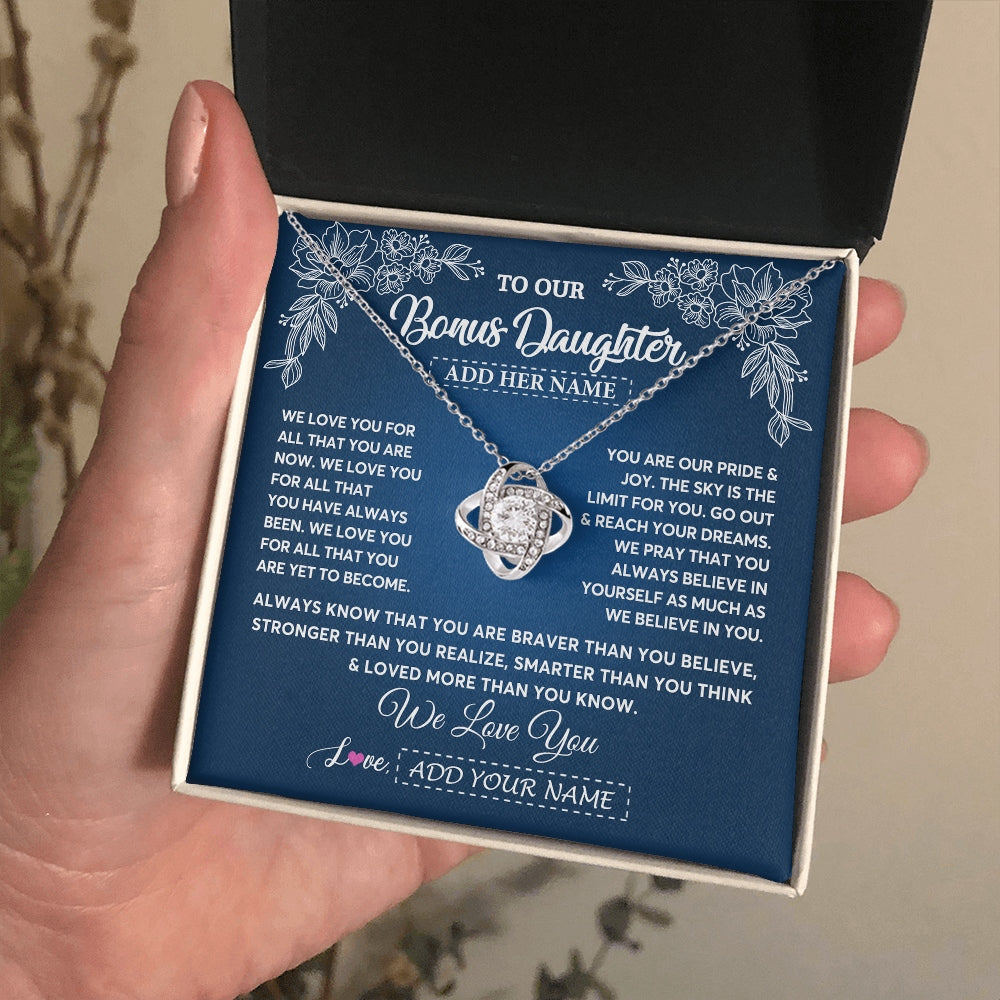 Love Knot Necklace 14K White Gold Finish | 2 | Personalized To Our Bonus Daughter Gifts From Stepmom Necklace We Love You Jewelry Present Gift Stepdaughter Birthday Christmas Custom Gift Box Message Card | https://teecentury.