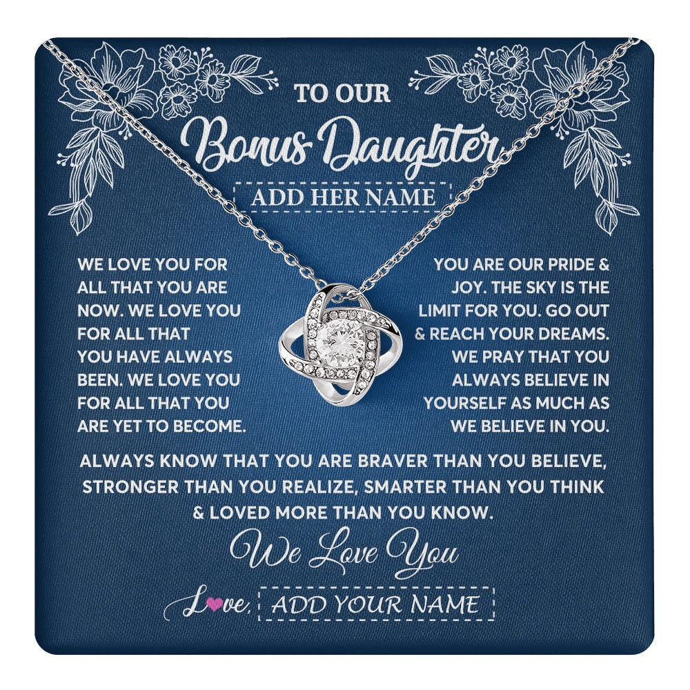 Love Knot Necklace 14K White Gold Finish | 1 | Personalized To Our Bonus Daughter Gifts From Stepmom Necklace We Love You Jewelry Present Gift Stepdaughter Birthday Christmas Custom Gift Box Message Card | https://teecentury.