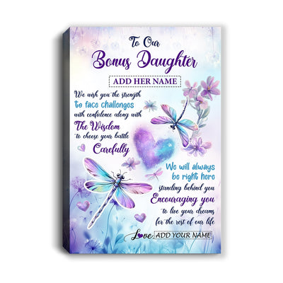 Personalized To Our Bonus Daughter Gifts From Stepmom Stepdad Always Be Right Here Dragonfly Birthday Gifts For Stepdaughter Christmas Custom Wall Art Framed Canvas | teecentury