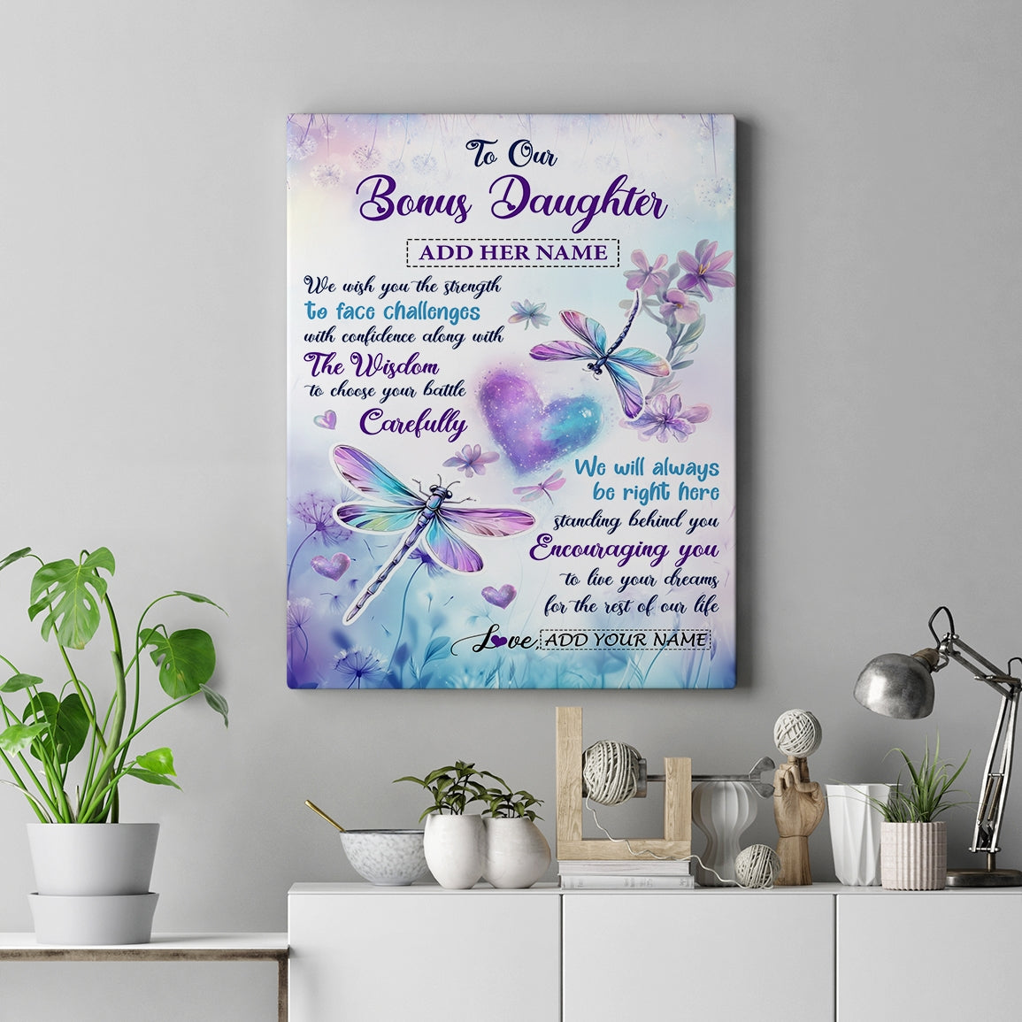 Personalized To Our Bonus Daughter Gifts From Stepmom Stepdad Always Be Right Here Dragonfly Birthday Gifts For Stepdaughter Christmas Custom Wall Art Framed Canvas | teecentury