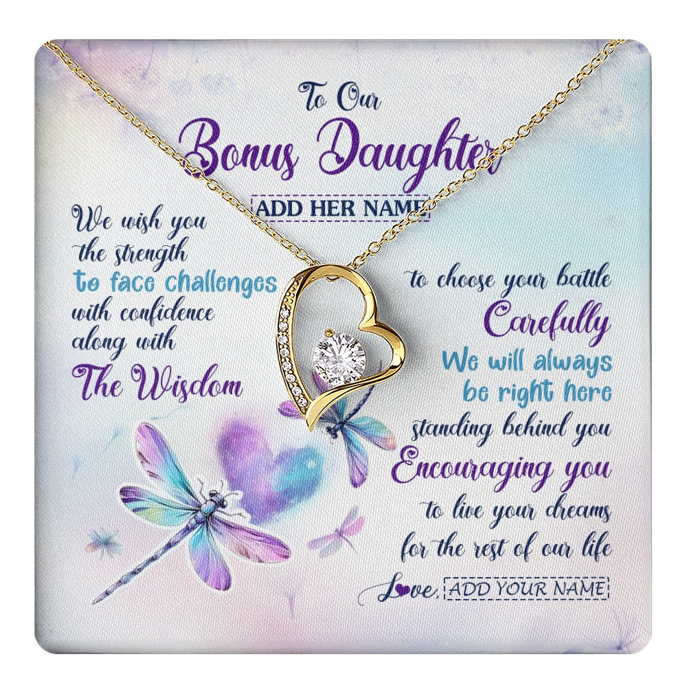 Forever Love Necklace 18K Yellow Gold Finish | 1 | Personalized To Our Bonus Daughter Gifts Necklace From Stepmom Stepdad Always Be Right Here Dragonfly Birthday For Stepdaughter Christmas Gift Box Message Card | https://teecentury.