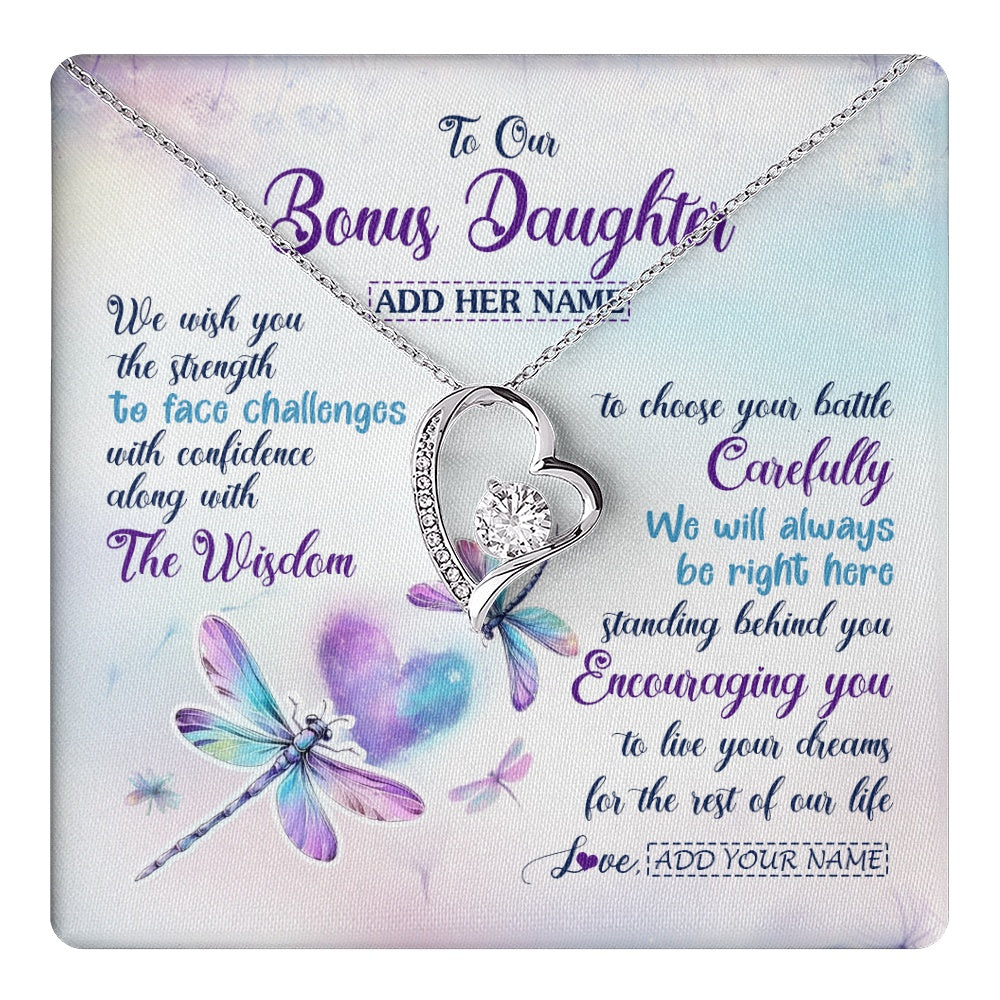 Forever Love Necklace 14K White Gold Finish | 1 | Personalized To Our Bonus Daughter Gifts Necklace From Stepmom Stepdad Always Be Right Here Dragonfly Birthday For Stepdaughter Christmas Gift Box Message Card | https://teecentury.