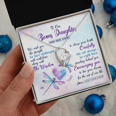 Forever Love Necklace 14K White Gold Finish | 2 | Personalized To Our Bonus Daughter Gifts Necklace From Stepmom Stepdad Always Be Right Here Dragonfly Birthday For Stepdaughter Christmas Gift Box Message Card | https://teecentury.