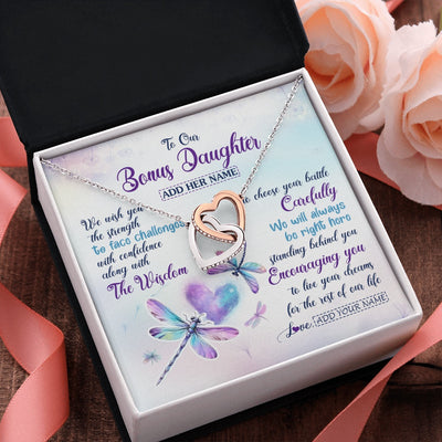 Interlocking Hearts Necklace Stainless Steel & Rose Gold Finish | 2 | Personalized To Our Bonus Daughter Gifts Necklace From Stepmom Stepdad Always Be Right Here Dragonfly Birthday For Stepdaughter Christmas Gift Box Message Card | https://teecentury.