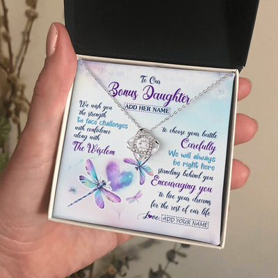Love Knot Necklace 14K White Gold Finish | 2 | Personalized To Our Bonus Daughter Gifts Necklace From Stepmom Stepdad Always Be Right Here Dragonfly Birthday For Stepdaughter Christmas Gift Box Message Card | https://teecentury.