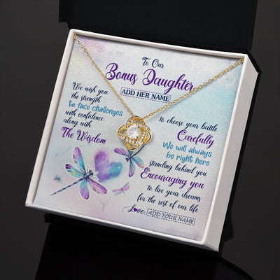 Love Knot Necklace 18K Yellow Gold Finish | 2 | Personalized To Our Bonus Daughter Gifts Necklace From Stepmom Stepdad Always Be Right Here Dragonfly Birthday For Stepdaughter Christmas Gift Box Message Card | https://teecentury.