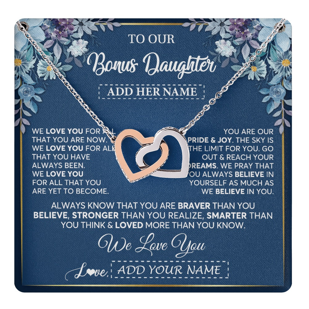 Interlocking Hearts Necklace Stainless Steel & Rose Gold Finish | 1 | Personalized To Our Bonus Daughter Necklace Gift From Stepdad We Love You Stepdaughter Birthday Gift Graduation Christmas Custom Gift Box Message Card | teecentury.myshopify