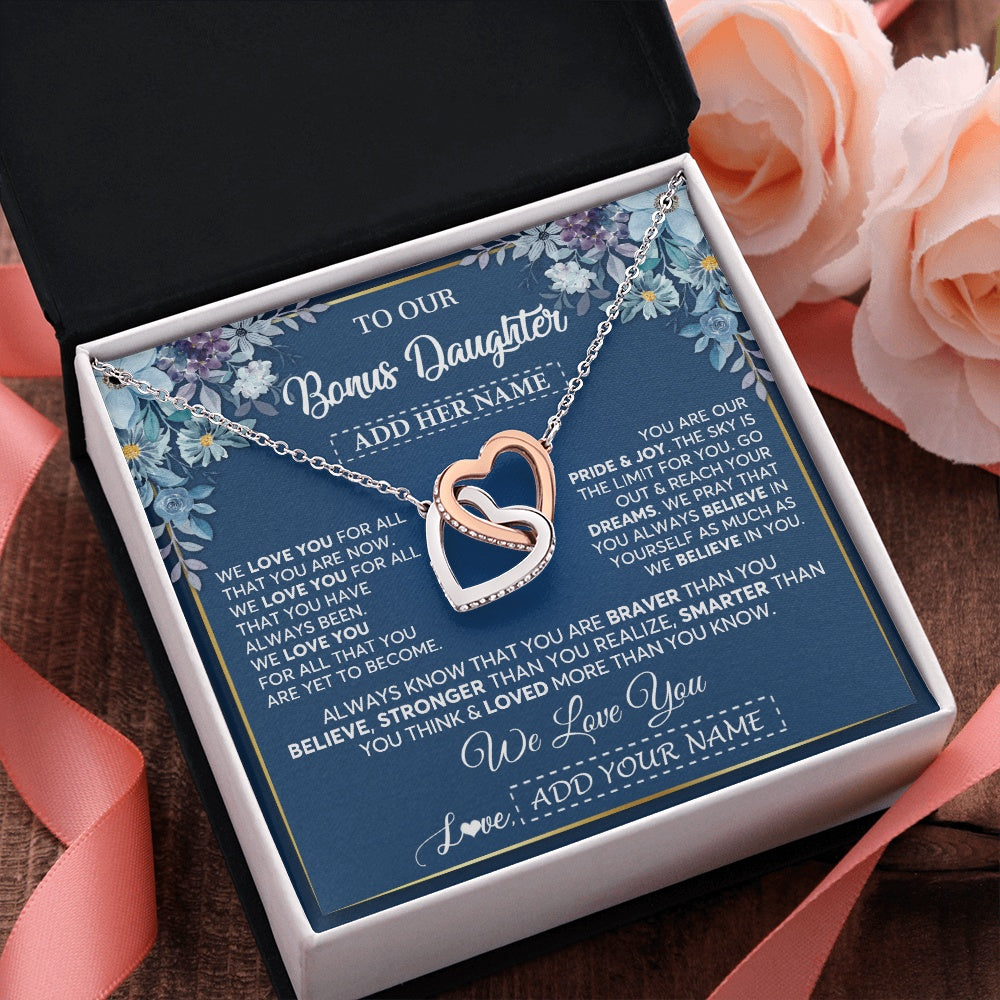 Interlocking Hearts Necklace Stainless Steel & Rose Gold Finish | 2 | Personalized To Our Bonus Daughter Necklace Gift From Stepdad We Love You Stepdaughter Birthday Gift Graduation Christmas Custom Gift Box Message Card | teecentury.myshopify