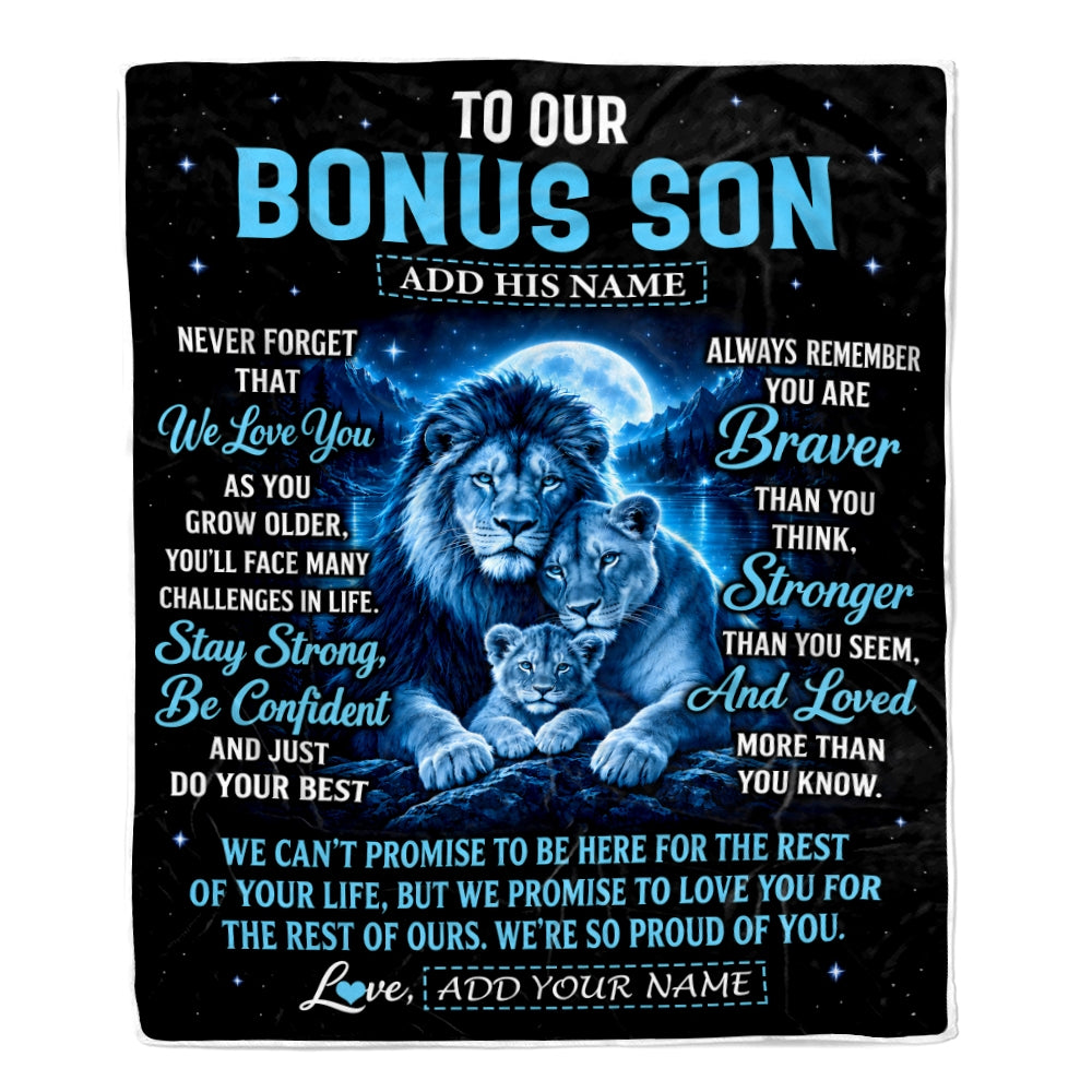 Personalized To Our Bonus Son Gift Blanket From Stepmother Stepdad Lion Love Letter Graduation Gift Stepson Birthday Gifts Christmas Fleece Throw Blanket | teecentury