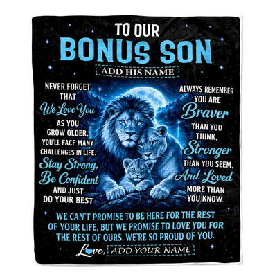 Personalized To Our Bonus Son Gift Blanket From Stepmother Stepdad Lion Love Letter Graduation Gift Stepson Birthday Gifts Christmas Fleece Throw Blanket | teecentury