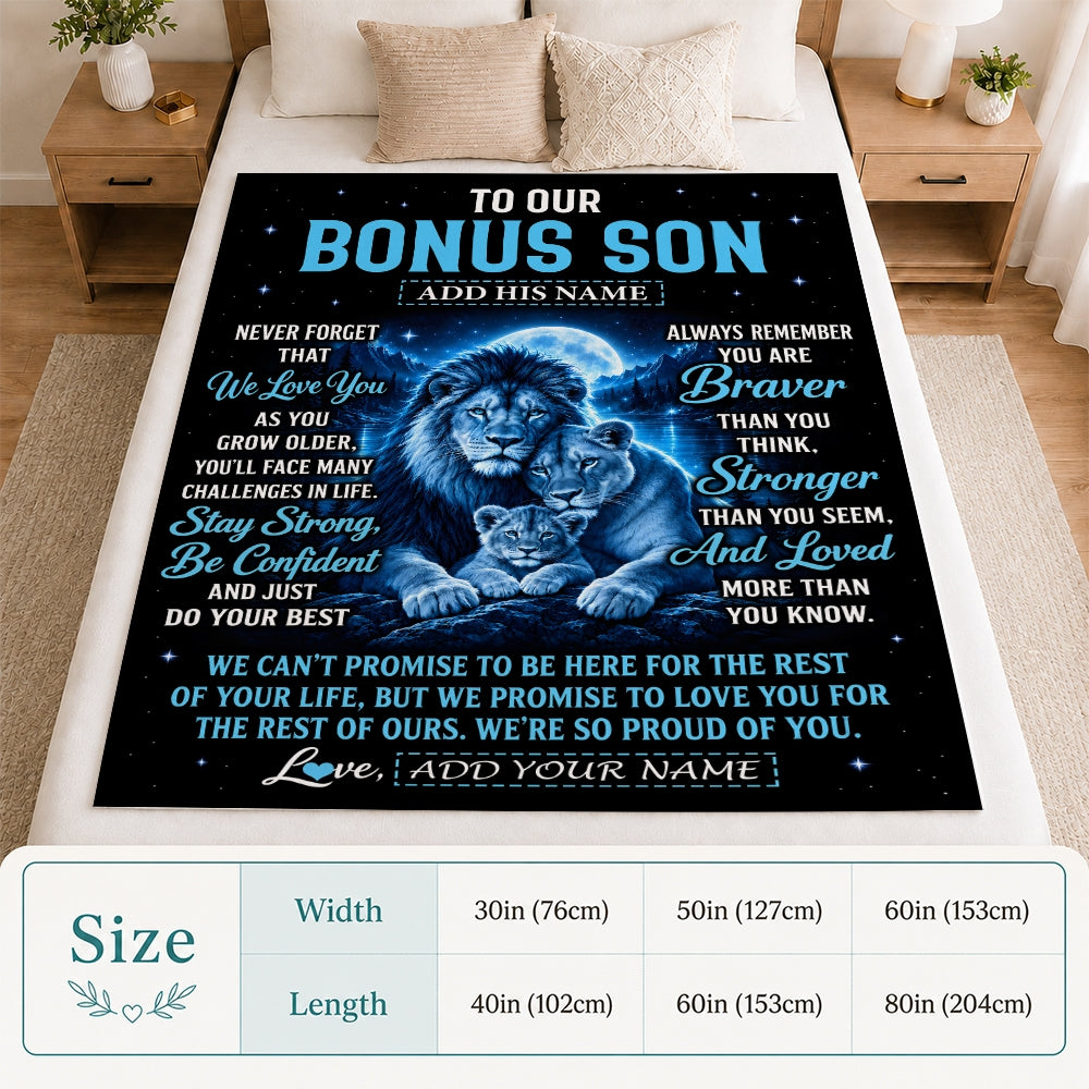 Personalized To Our Bonus Son Gift Blanket From Stepmother Stepdad Lion Love Letter Graduation Gift Stepson Birthday Gifts Christmas Fleece Throw Blanket | teecentury