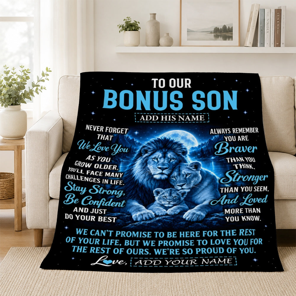 Personalized To Our Bonus Son Gift Blanket From Stepmother Stepdad Lion Love Letter Graduation Gift Stepson Birthday Gifts Christmas Fleece Throw Blanket | teecentury