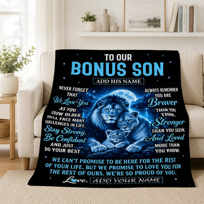 Personalized To Our Bonus Son Gift Blanket From Stepmother Stepdad Lion Love Letter Graduation Gift Stepson Birthday Gifts Christmas Fleece Throw Blanket | teecentury
