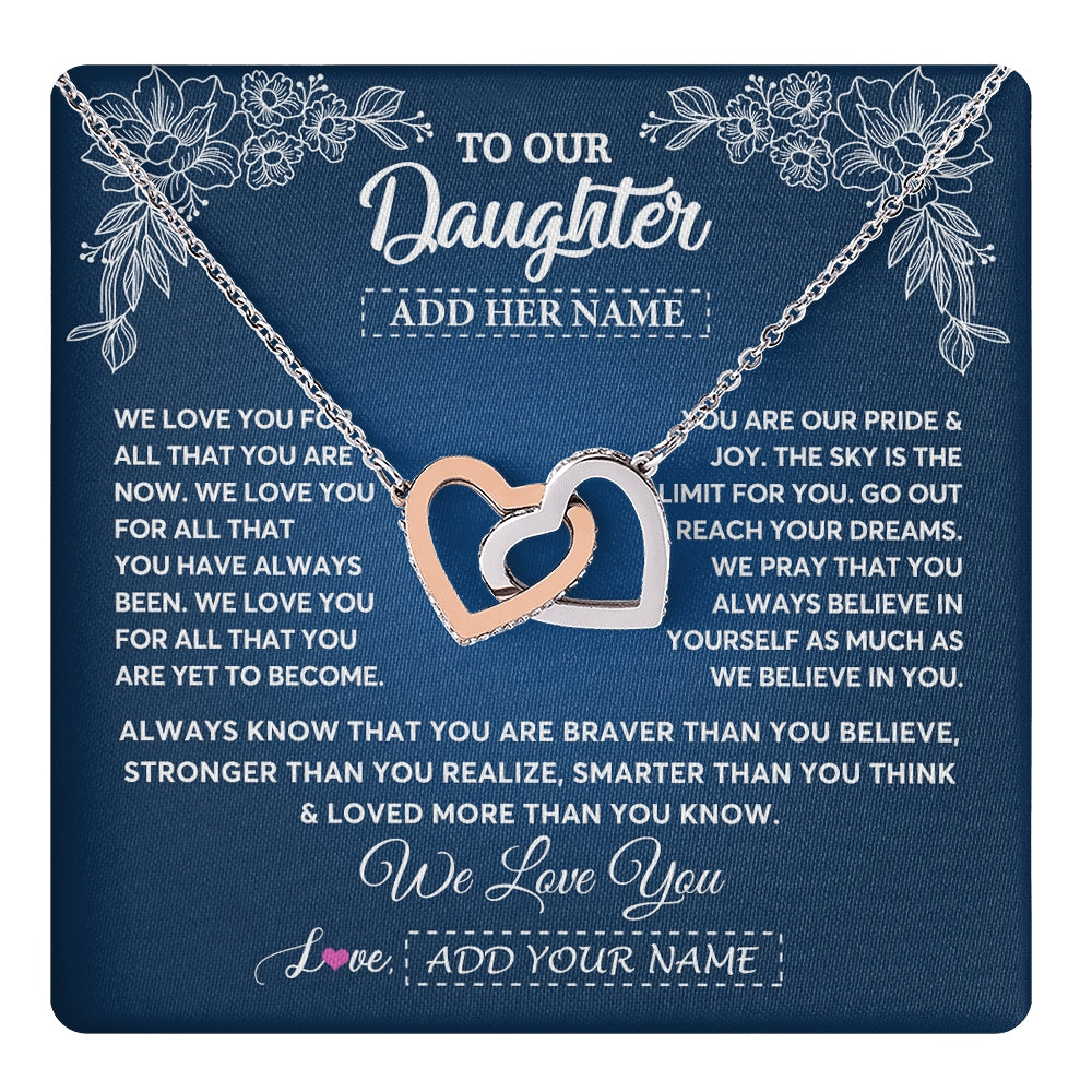 Interlocking Hearts Necklace Stainless Steel & Rose Gold Finish | 1 | Personalized To Our Daughter Gifts From Mom Dad Necklace We Love You Jewelry Present Gift For Daughter Birthday Christmas Custom Custom Gift Box Message Card | https://teecentury.