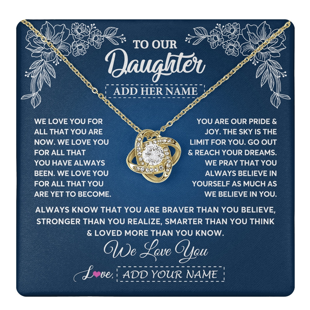 Love Knot Necklace 18K Yellow Gold Finish | 1 | Personalized To Our Daughter Gifts From Mom Dad Necklace We Love You Jewelry Present Gift For Daughter Birthday Christmas Custom Custom Gift Box Message Card | https://teecentury.