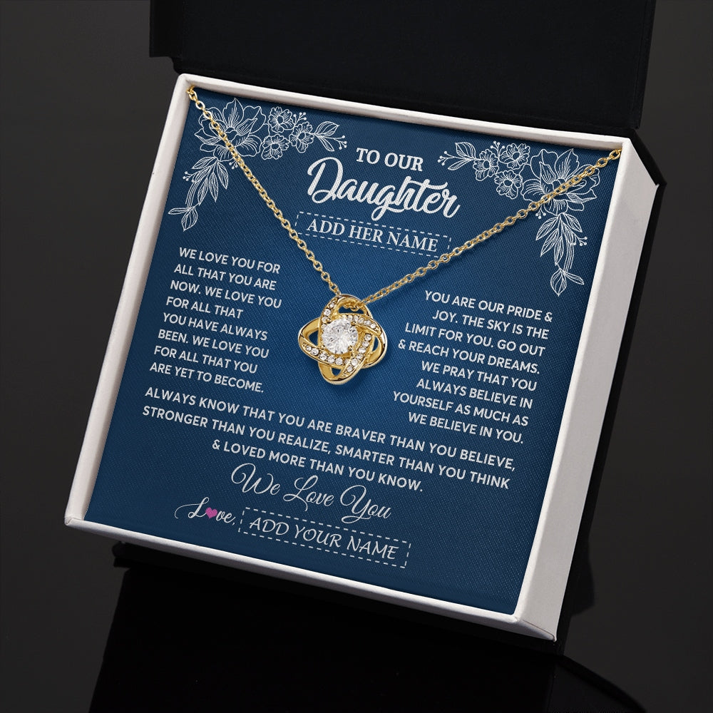 Love Knot Necklace 18K Yellow Gold Finish | 2 | Personalized To Our Daughter Gifts From Mom Dad Necklace We Love You Jewelry Present Gift For Daughter Birthday Christmas Custom Custom Gift Box Message Card | https://teecentury.