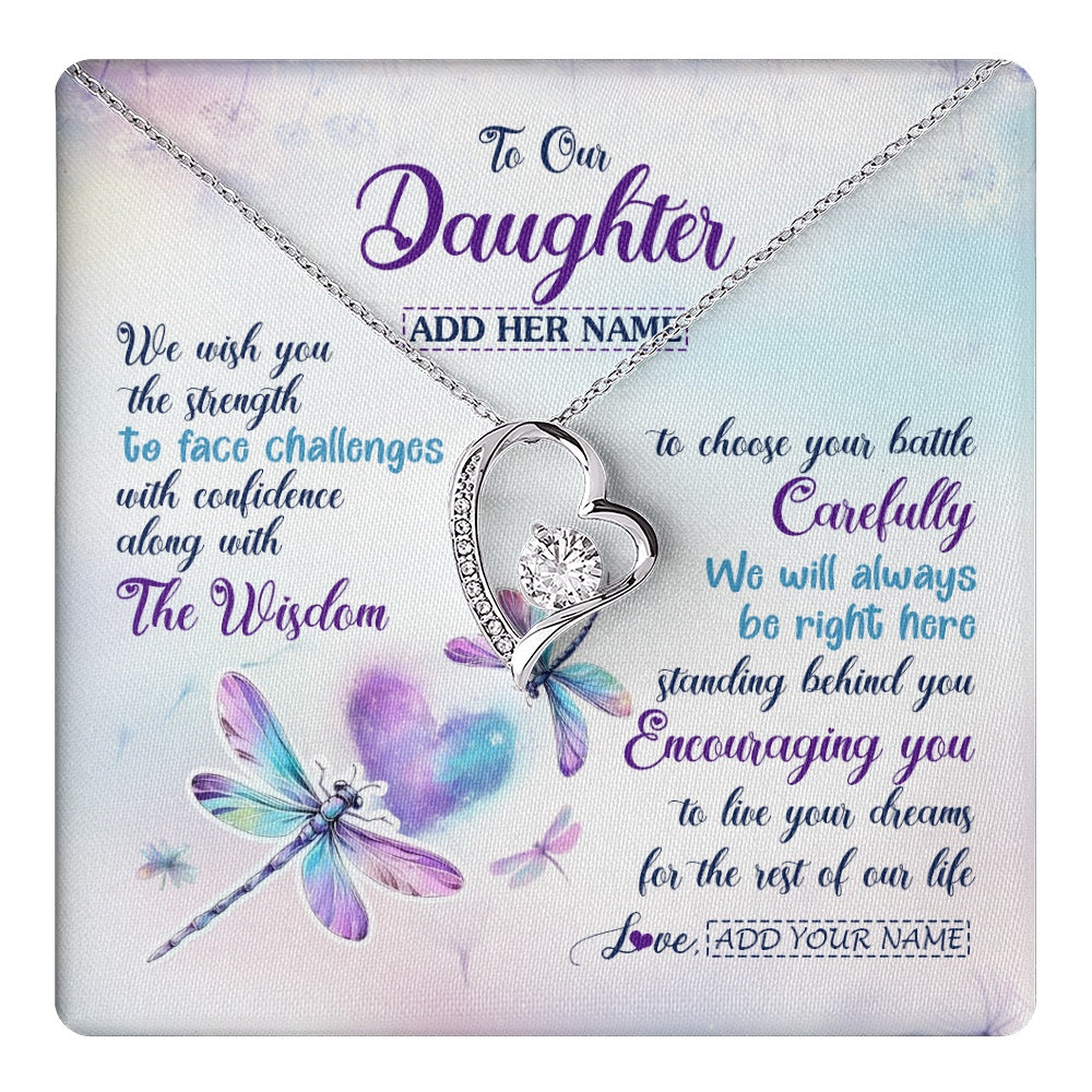 Forever Love Necklace 14K White Gold Finish | 1 | Personalized To Our Daughter Gifts Necklace From Mom Dad Always Be Right Here Dragonfly Birthday For Daughter Christmas Custom Jewelry Gift Box Message Card | https://teecentury.