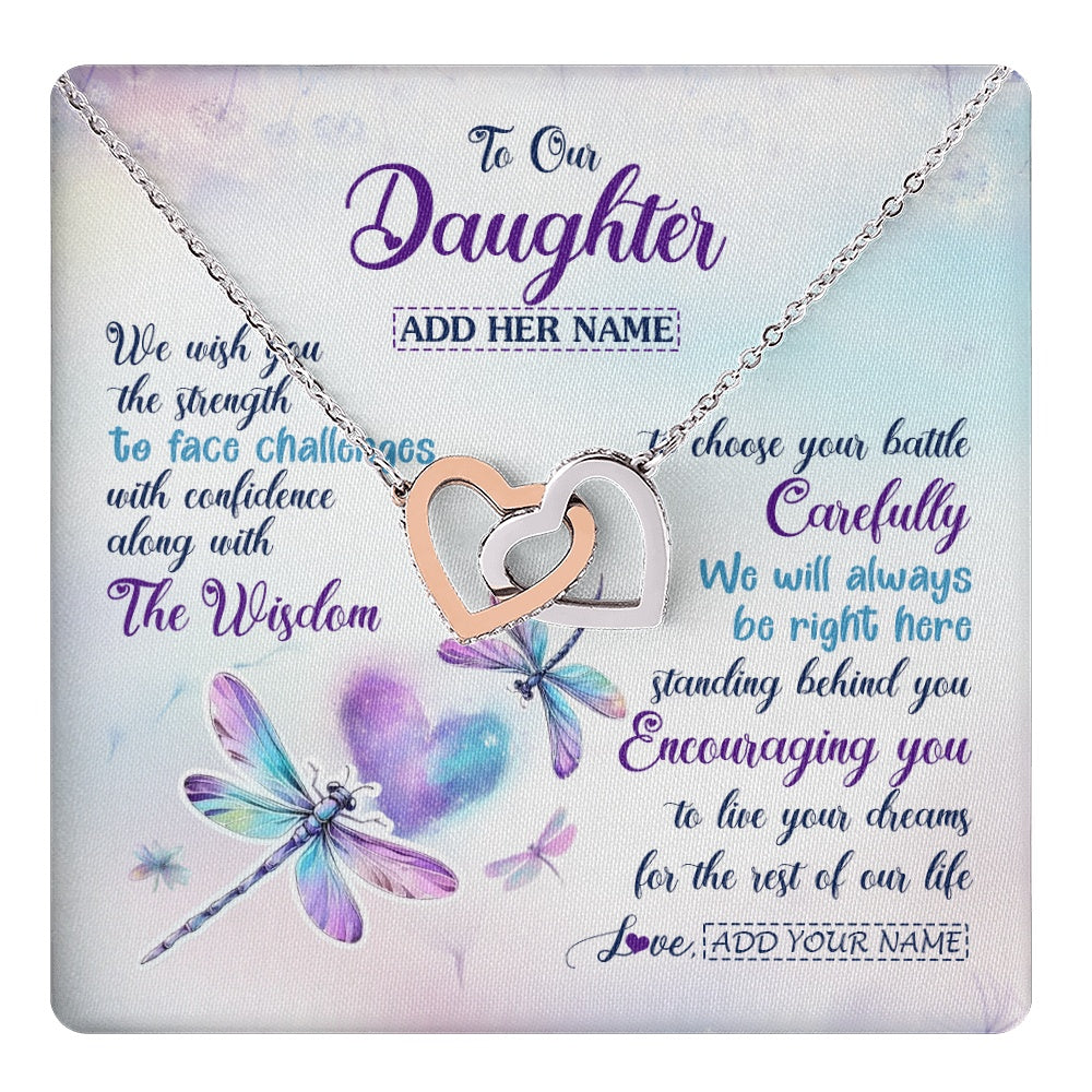 Interlocking Hearts Necklace Stainless Steel & Rose Gold Finish | 1 | Personalized To Our Daughter Gifts Necklace From Mom Dad Always Be Right Here Dragonfly Birthday For Daughter Christmas Custom Jewelry Gift Box Message Card | https://teecentury.