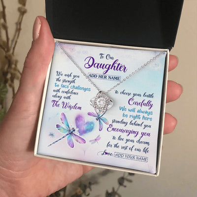 Love Knot Necklace 14K White Gold Finish | 2 | Personalized To Our Daughter Gifts Necklace From Mom Dad Always Be Right Here Dragonfly Birthday For Daughter Christmas Custom Jewelry Gift Box Message Card | https://teecentury.