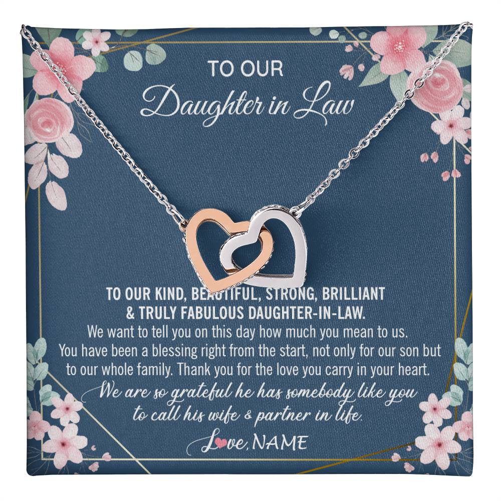 Interlocking Hearts Necklace Stainless Steel & Rose Gold Finish | 1 | Personalized To Our Daughter In Law Necklace On Wedding Day For Bride From Mother In Law Daughter In Law Jewelry Wedding Day Customized Gift Box Message Card | teecentury