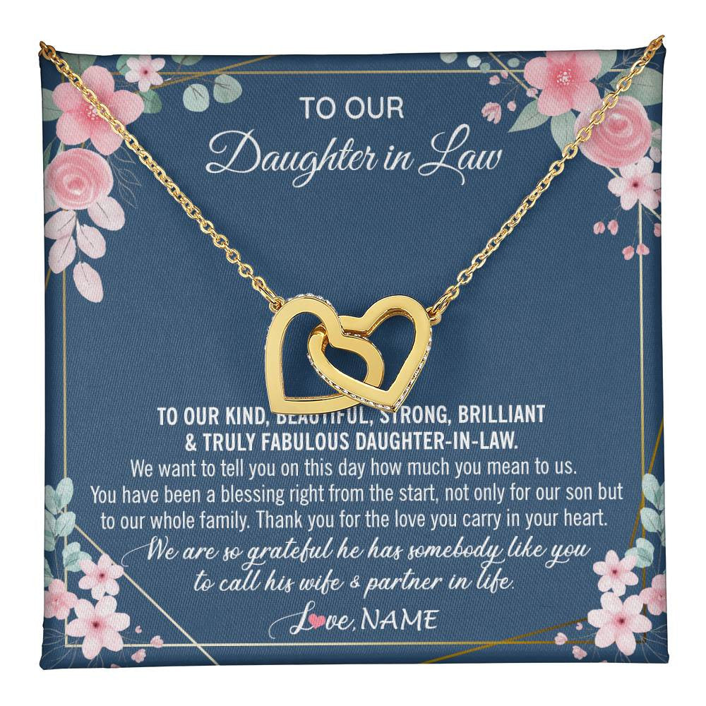 Interlocking Hearts Necklace 18K Yellow Gold Finish | 1 | Personalized To Our Daughter In Law Necklace On Wedding Day For Bride From Mother In Law Daughter In Law Jewelry Wedding Day Customized Gift Box Message Card | teecentury