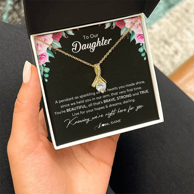 Alluring Beauty Necklace 18K Yellow Gold Finish | Personalized To Our Daughter Necklace From Mom Dad You're Beautiful Daughter Jewelry Pendant Birthday Valentines Day Christmas Customized Gift Box Message Card | teecentury