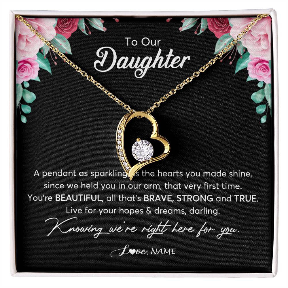Forever Love Necklace 18K Yellow Gold Finish | Personalized To Our Daughter Necklace From Mom Dad You're Beautiful Daughter Jewelry Pendant Birthday Valentines Day Christmas Customized Gift Box Message Card | teecentury