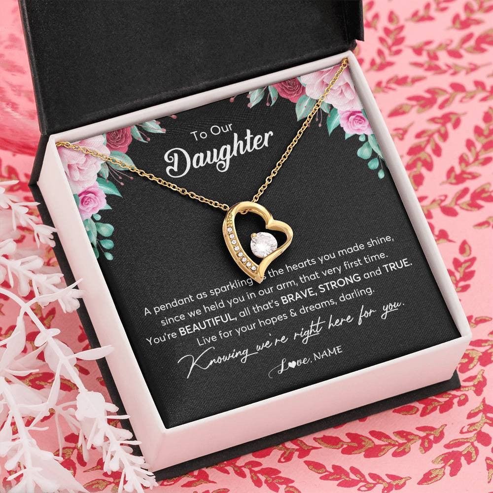 Forever Love Necklace 18K Yellow Gold Finish | Personalized To Our Daughter Necklace From Mom Dad You're Beautiful Daughter Jewelry Pendant Birthday Valentines Day Christmas Customized Gift Box Message Card | teecentury
