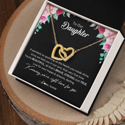 Interlocking Hearts Necklace 18K Yellow Gold Finish | Personalized To Our Daughter Necklace From Mom Dad You're Beautiful Daughter Jewelry Pendant Birthday Valentines Day Christmas Customized Gift Box Message Card | teecentury
