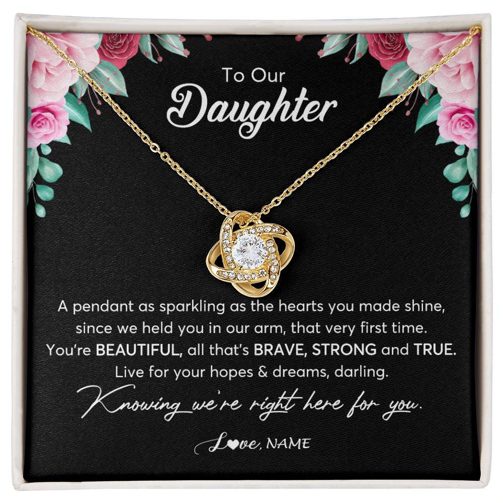 Love Knot Necklace 18K Yellow Gold Finish | Personalized To Our Daughter Necklace From Mom Dad You're Beautiful Daughter Jewelry Pendant Birthday Valentines Day Christmas Customized Gift Box Message Card | teecentury