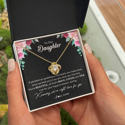 Love Knot Necklace 18K Yellow Gold Finish | Personalized To Our Daughter Necklace From Mom Dad You're Beautiful Daughter Jewelry Pendant Birthday Valentines Day Christmas Customized Gift Box Message Card | teecentury